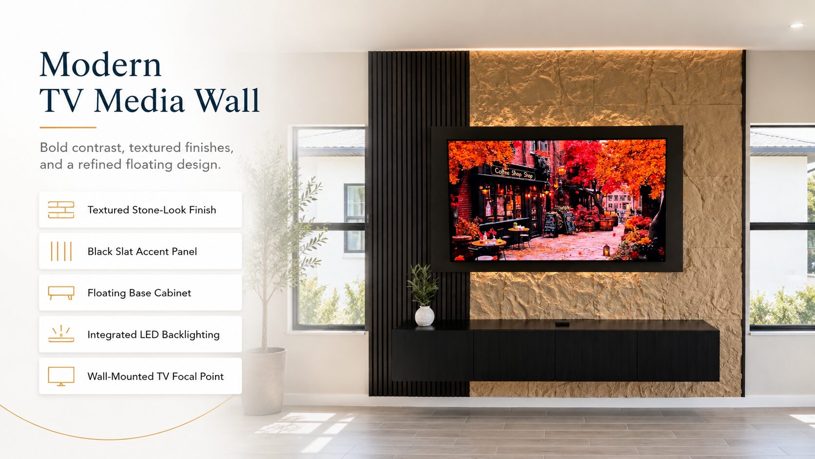 Modern acoustic panel media wall with black slat panels, textured stone-look finish, floating cabinet, and wall-mounted TV