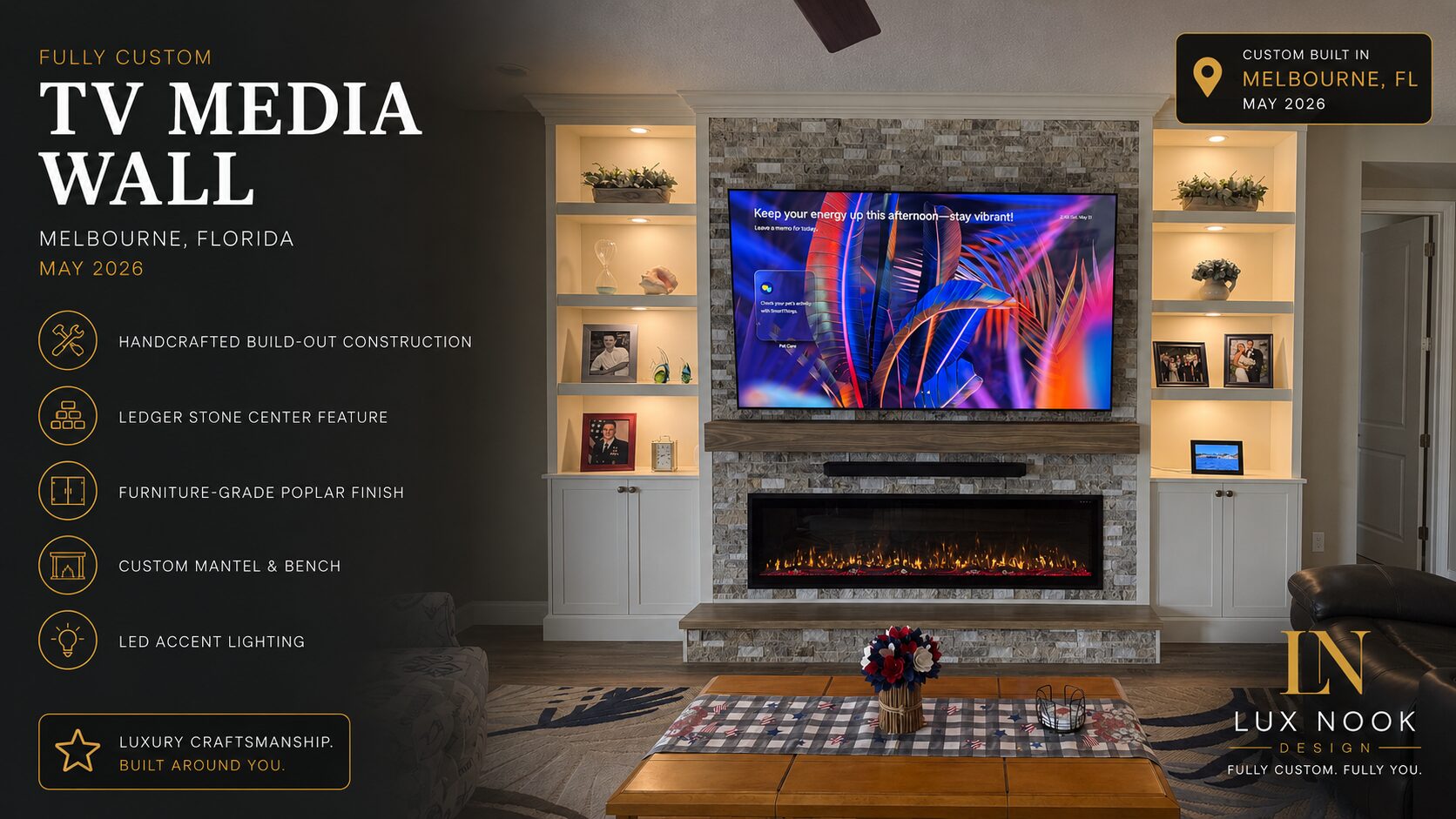 Custom built-in cabinetry in Melbourne with ledger stone TV media wall, electric fireplace, mantel, bench and LED lighting