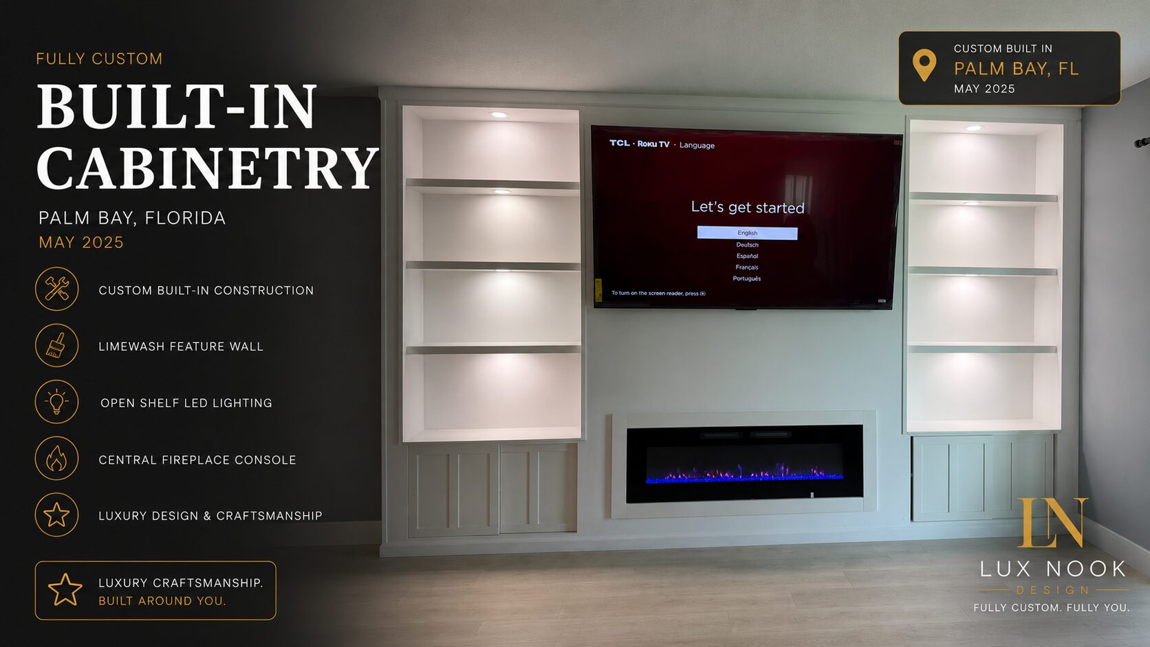 Custom built-in cabinetry in Palm Bay with limewash fireplace wall, illuminated open shelves and central electric fireplace