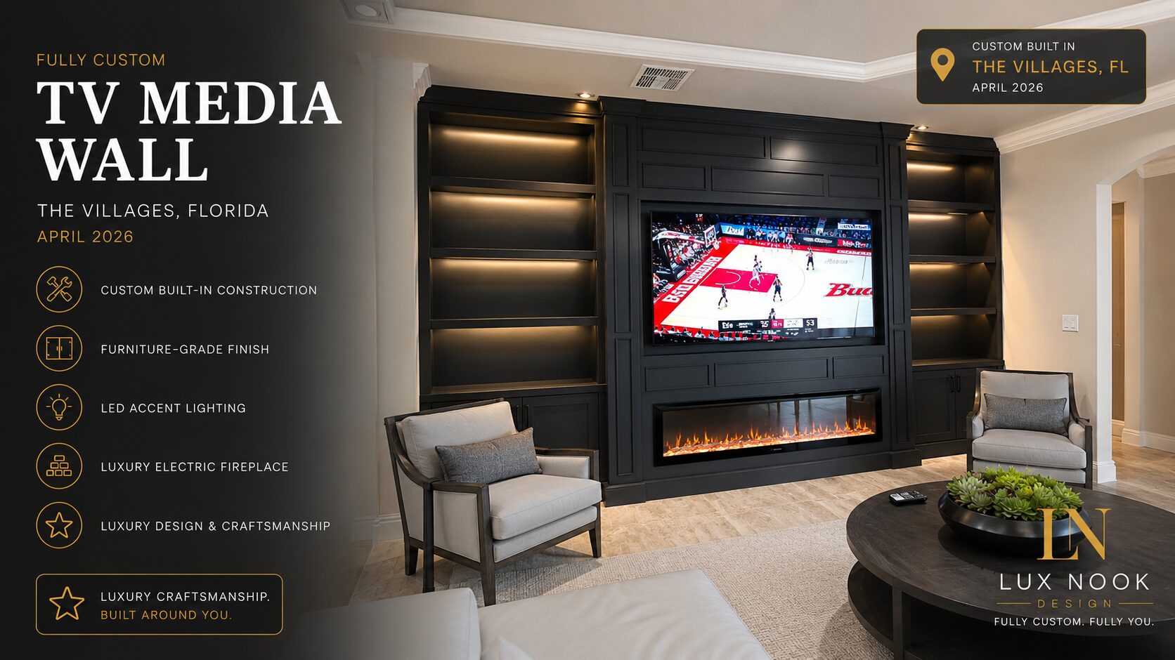 Custom built-in cabinetry project in The Villages featuring a black furniture-grade finish, LED shelving, media wall storage, and a luxury electric fireplace.