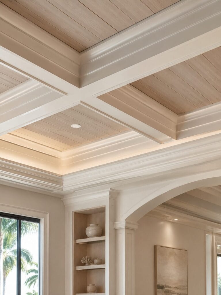 Finished luxury ceiling design with layered tray details, concealed LED lighting, recessed lights, decorative molding, and a statement chandelier.