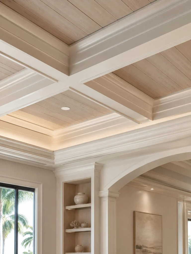 Luxury Custom Ceiling with Refined Finish Quality Finished luxury ceiling design with layered tray details, concealed LED lighting, recessed lights, decorative molding, and a statement chandelier.