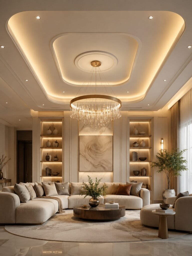 Custom ceiling lighting plan with recessed lights, perimeter LED lighting, chandelier placement, and coordinated architectural ceiling details.