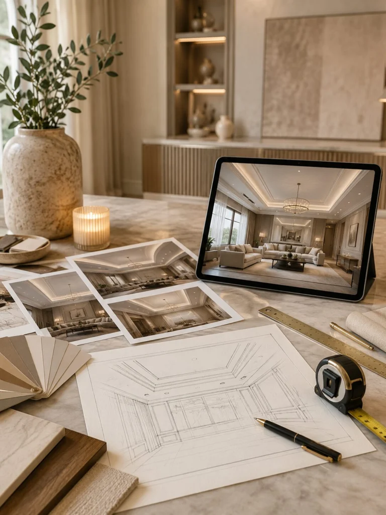 Custom Ceiling Design Review and Project Estimate Final custom ceiling design review with architectural drawings, digital visualization, material selections, measurements, and project estimate.