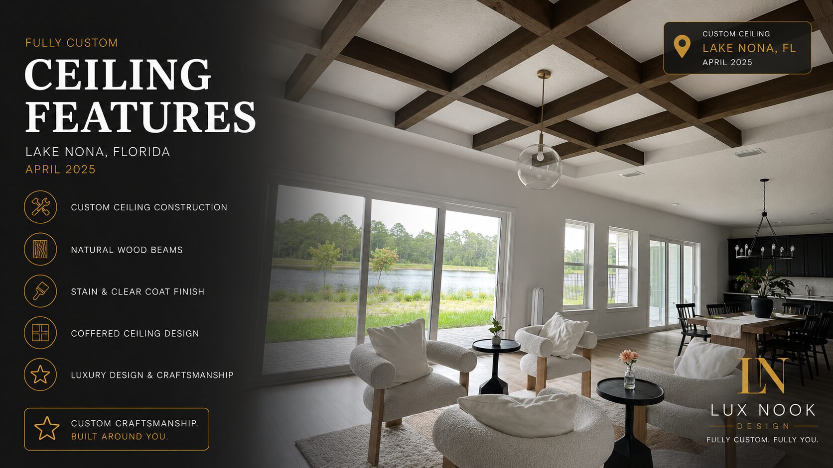 Ceiling designs portfolio project in Lake Nona featuring natural wood ceiling beams with a custom stain and clear coat finish.
