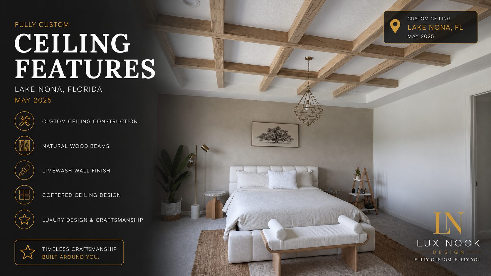 Ceiling designs portfolio project in Lake Nona featuring natural wood beams, a coffered ceiling, and a custom limewash wall finish.