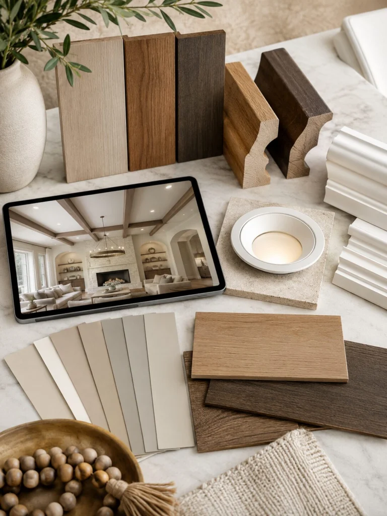 Selecting Custom Ceiling Materials and Features Selection of custom ceiling features including wood beams, coffered details, crown molding, ceiling panels, paint finishes, and lighting options.