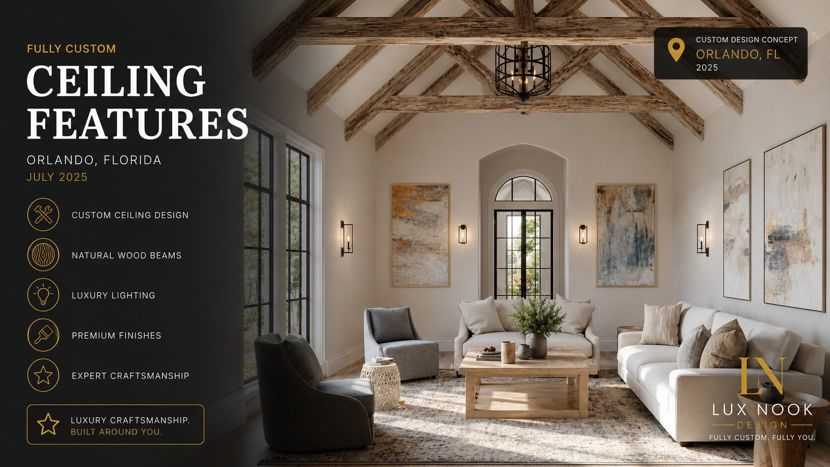 Ceiling designs portfolio concept featuring decorative natural wood beams, a vaulted ceiling, premium finishes, and luxury lighting.
