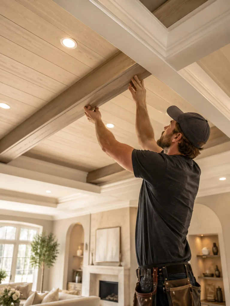 Professional Custom Ceiling Installation in Florida Professional installation of decorative wood ceiling beams with precise alignment, plank ceiling panels, crown molding, and recessed lighting.