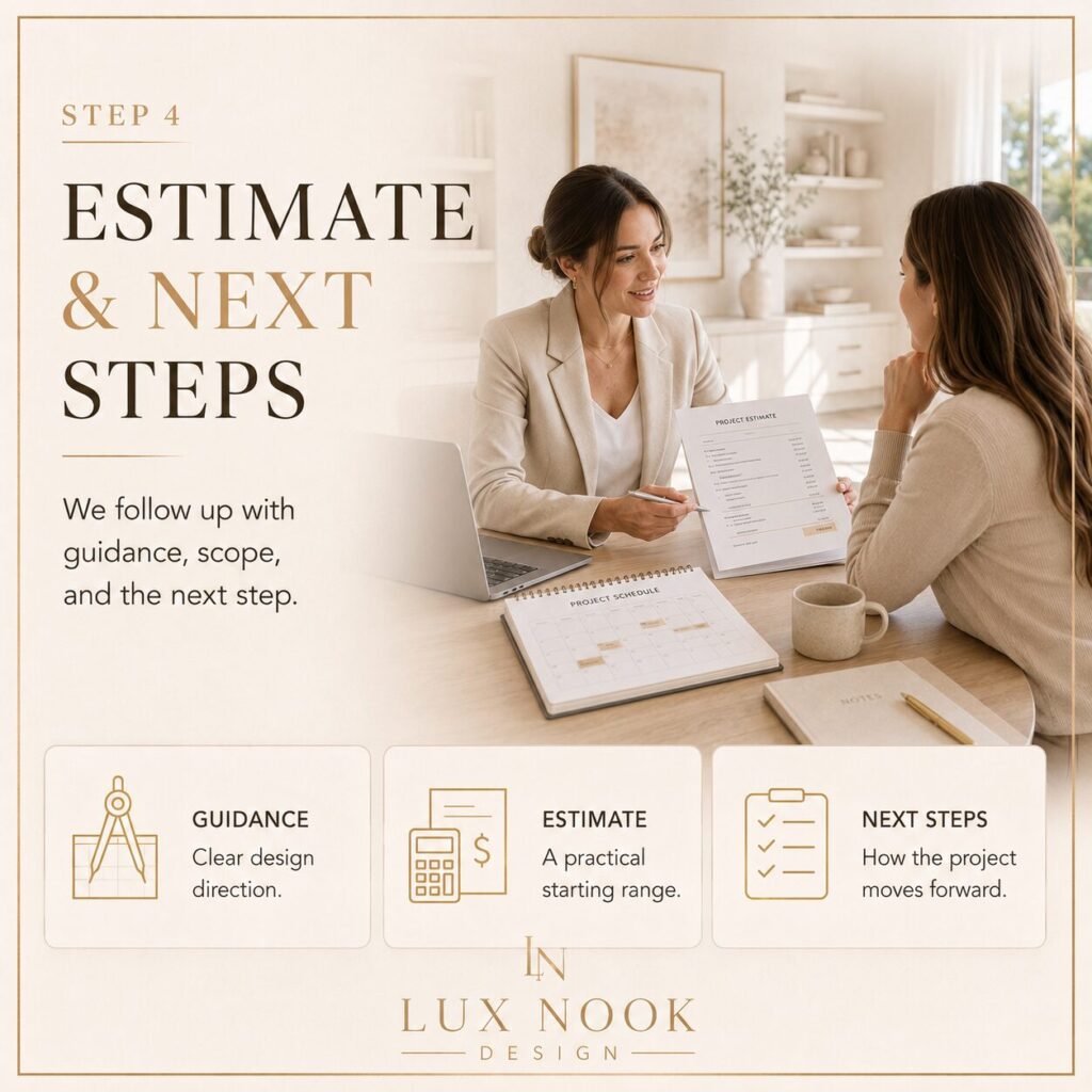 Custom project estimate review and next steps with Lux Nook Design