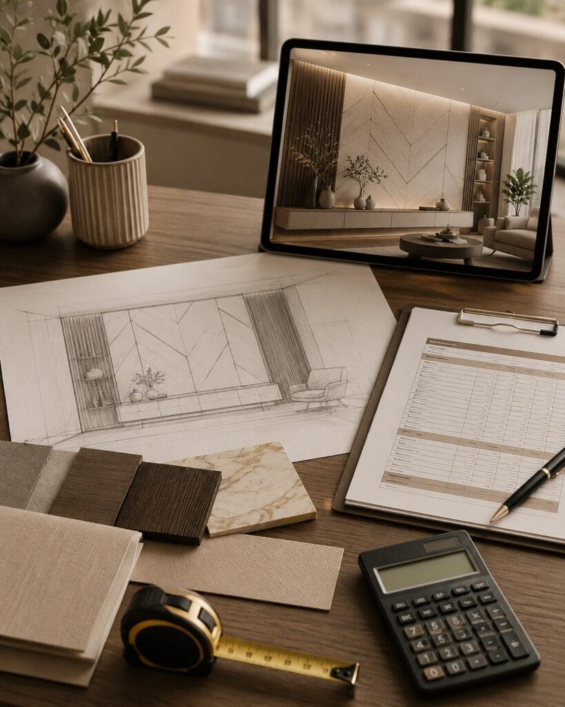Final custom accent wall design review with project drawings, selected materials, measurements, lighting details, scope, and estimate preparation.