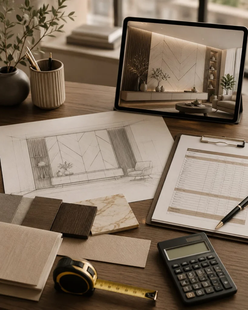 Final custom accent wall design review with project drawings, selected materials, measurements, lighting details, scope, and estimate preparation.