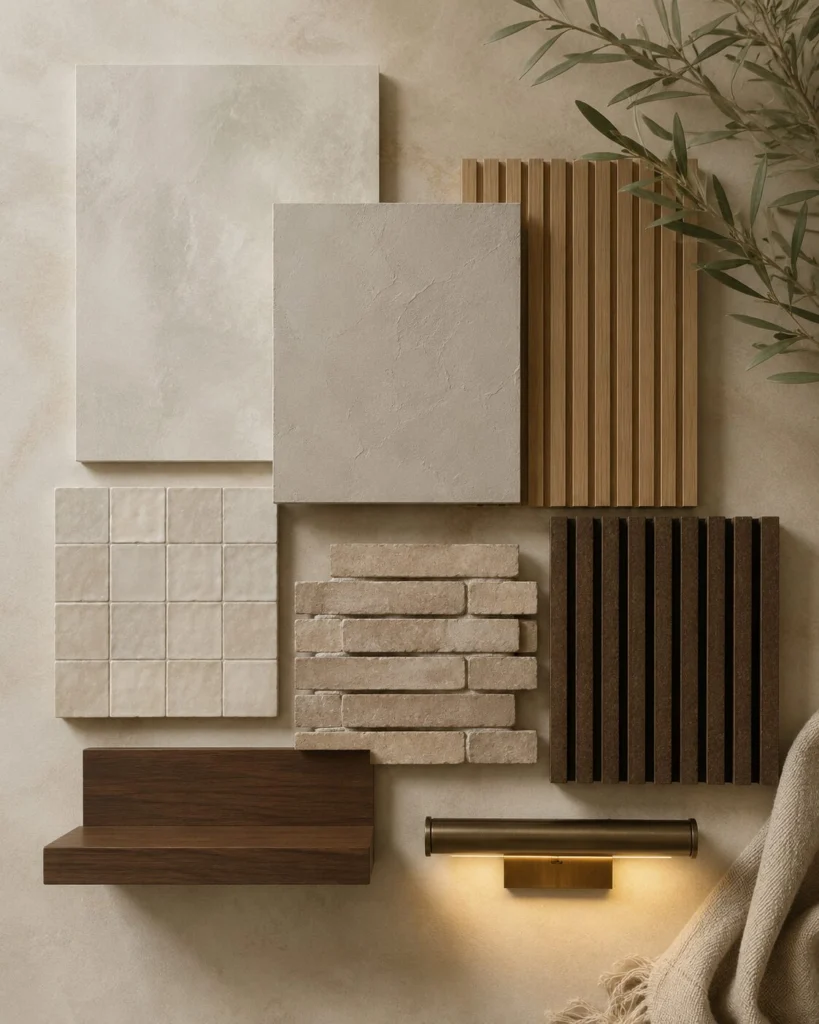 Custom accent wall materials and features including textured finishes, wood slats, tile, thin brick, shelving, ledges, and integrated lighting.