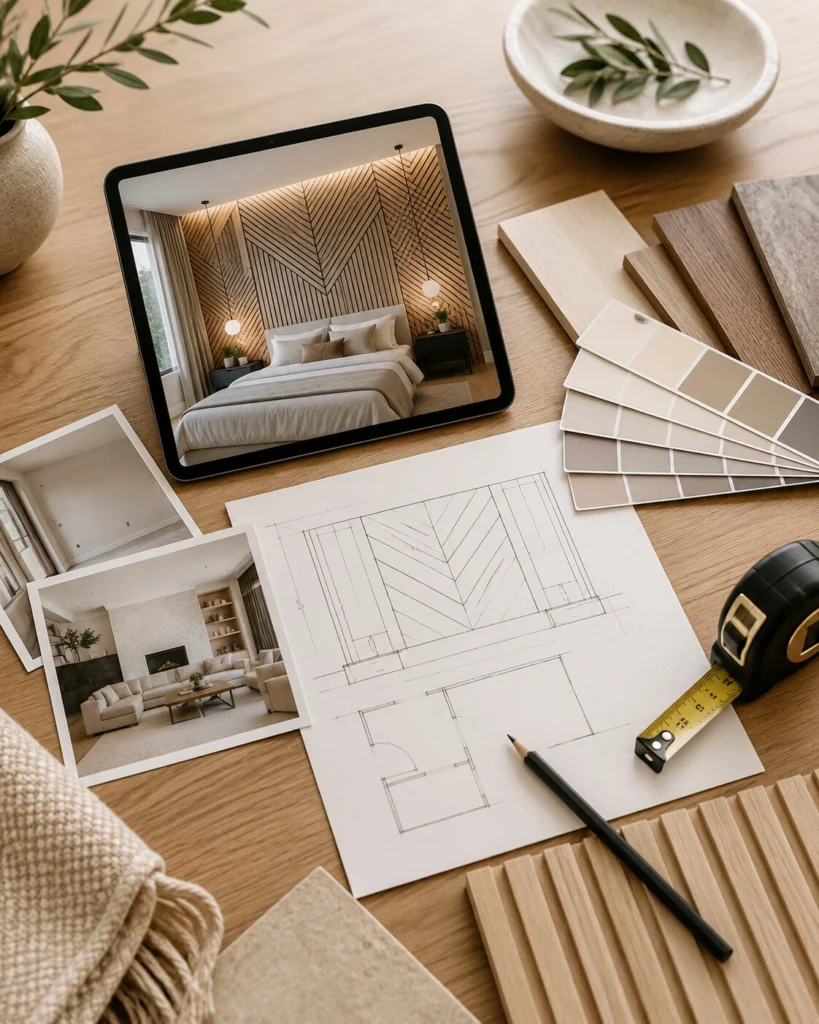 Custom accent wall planning with wall photos, measurements, ceiling height, inspiration images, finish ideas, and room design references.