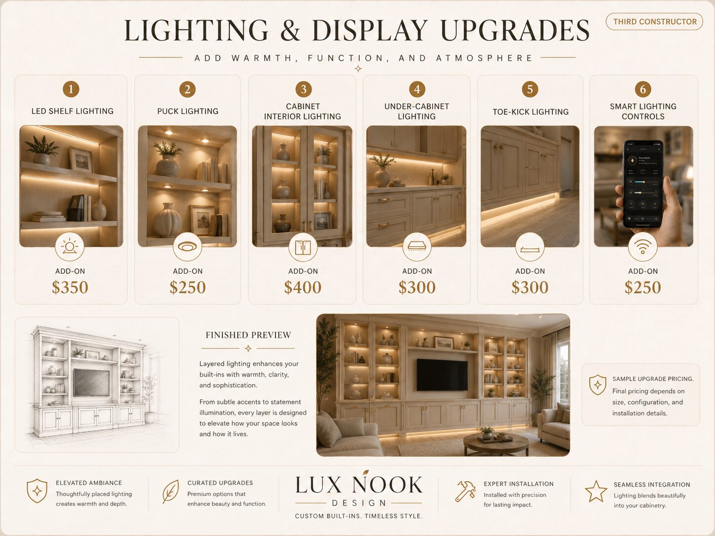 Custom built-in cabinet lighting options with LED shelf lights, puck lighting, illuminated display cabinets, under-cabinet lighting, toe-kick lights, and smart controls.