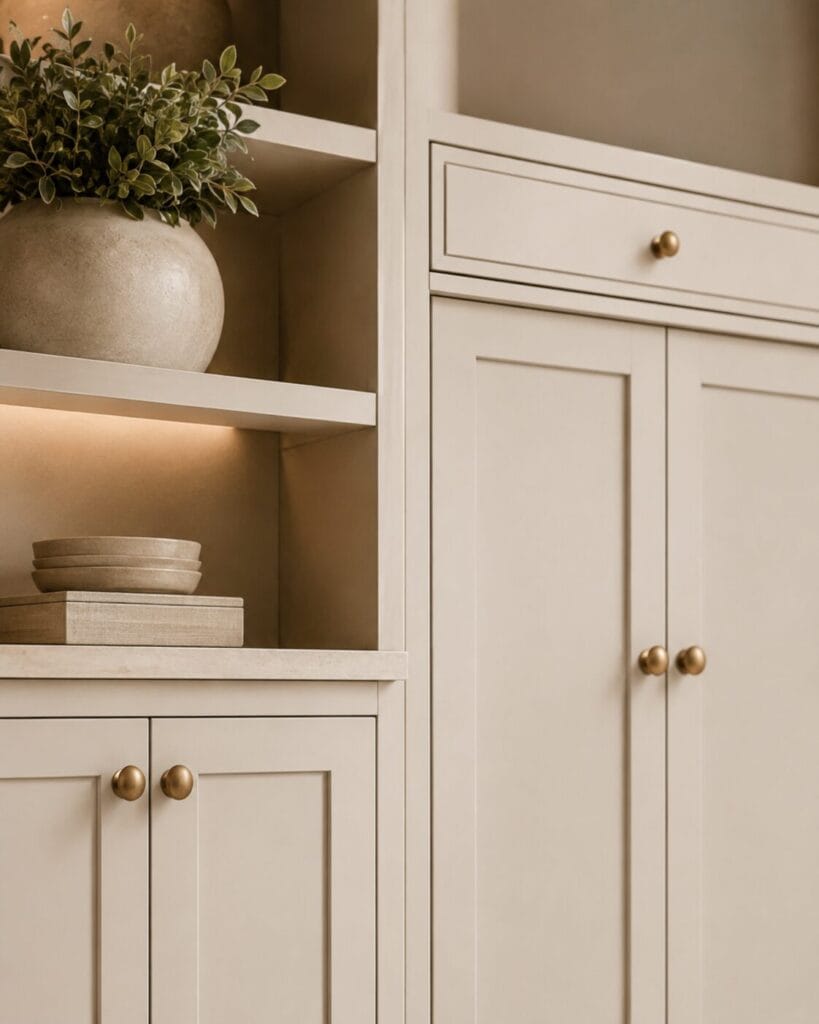 Close-up of furniture-quality custom built-in cabinetry with smooth painted doors, precise alignment, refined trim, and brass hardware.