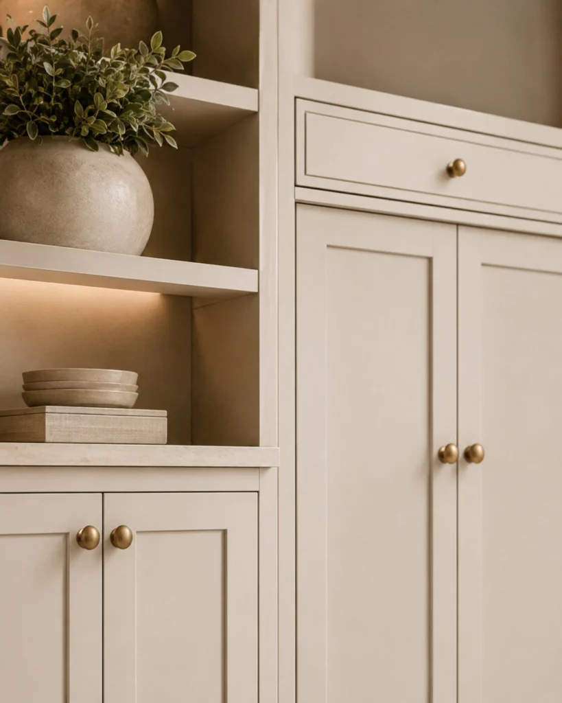 Close-up of furniture-quality custom built-in cabinetry with smooth painted doors, precise alignment, refined trim, and brass hardware.
