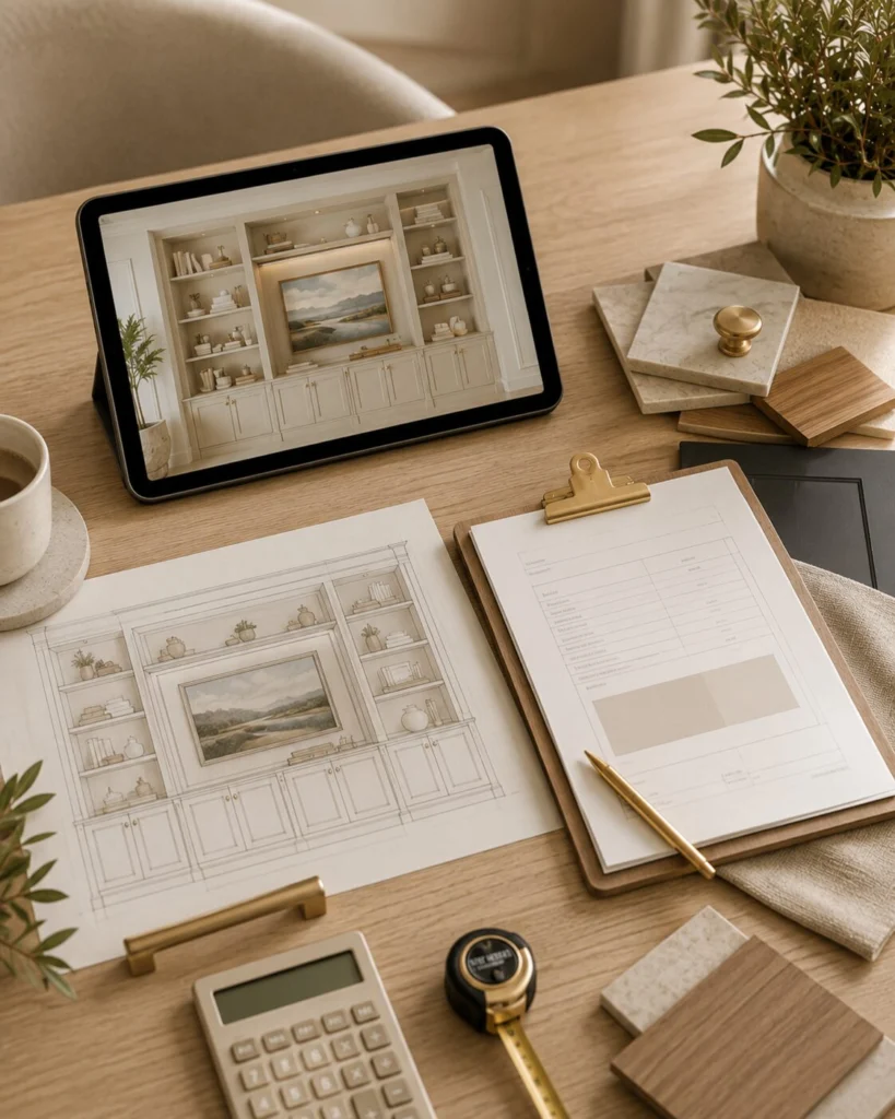 Final custom built-in cabinetry design and estimate with detailed drawings, project specifications, selected finishes, measurements, and pricing review.