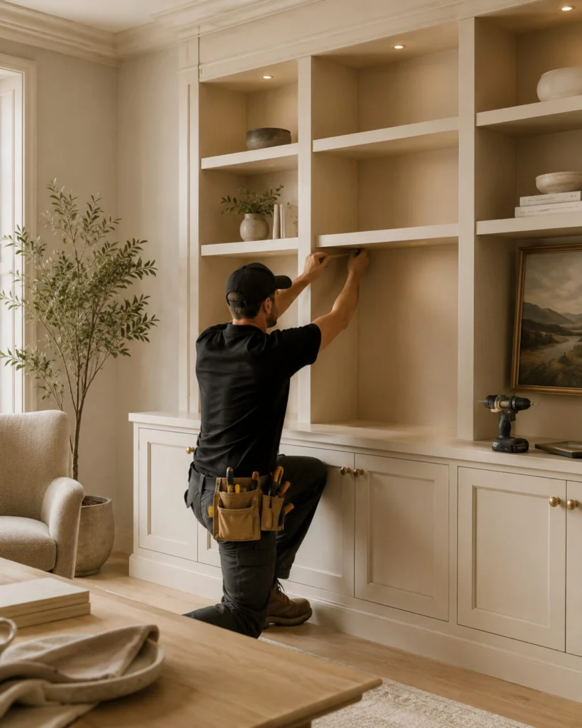 Professional installation of custom built-in cabinetry with precise shelving alignment, fitted cabinet doors, architectural trim, and integrated lighting.