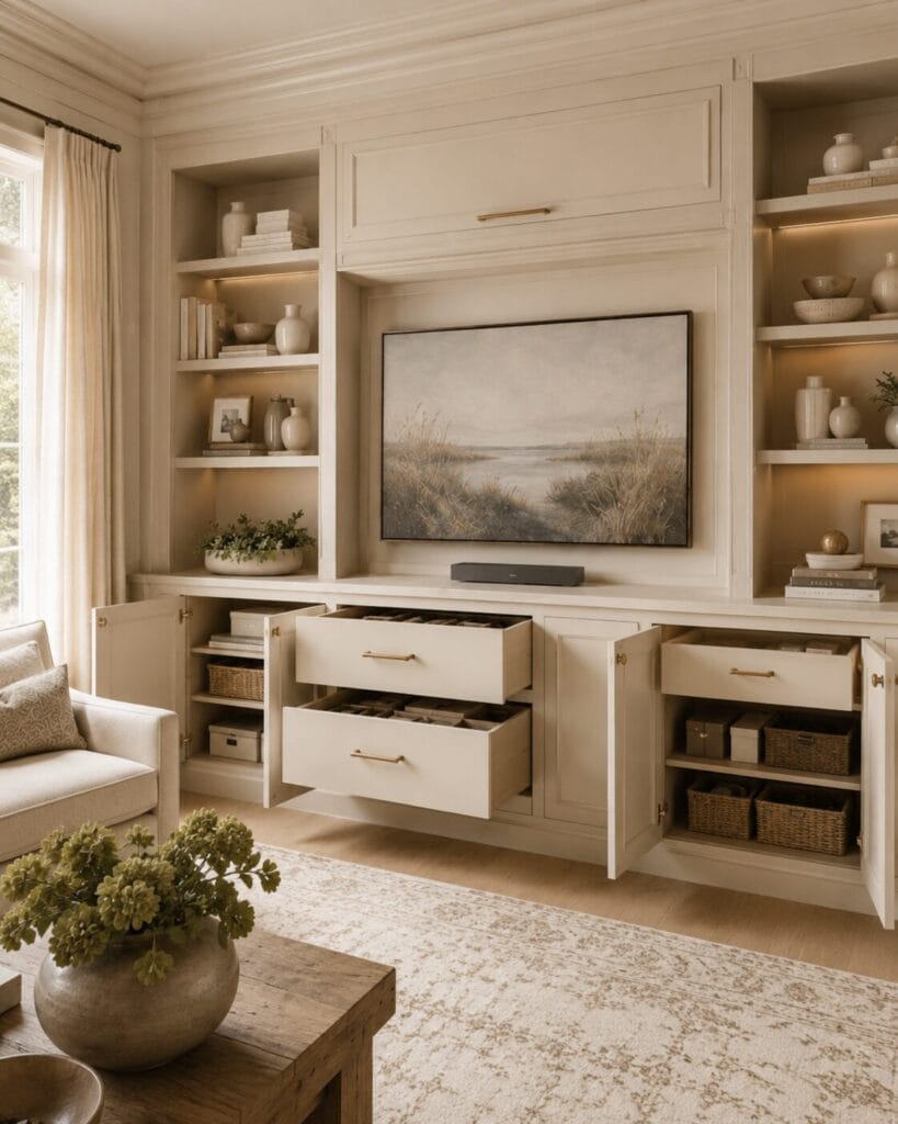 Custom built-in cabinetry with organized drawers, concealed cabinets, adjustable shelving, and functional storage designed for everyday use.