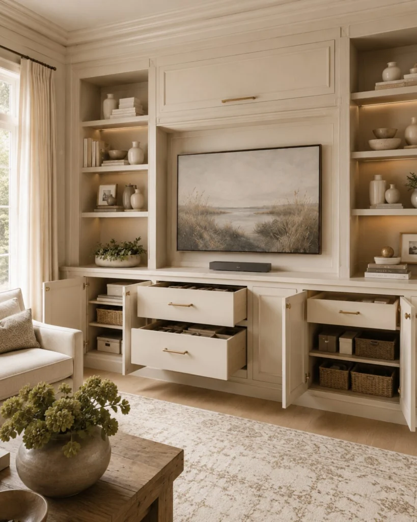 Custom built-in cabinetry with organized drawers, concealed cabinets, adjustable shelving, and functional storage designed for everyday use.
