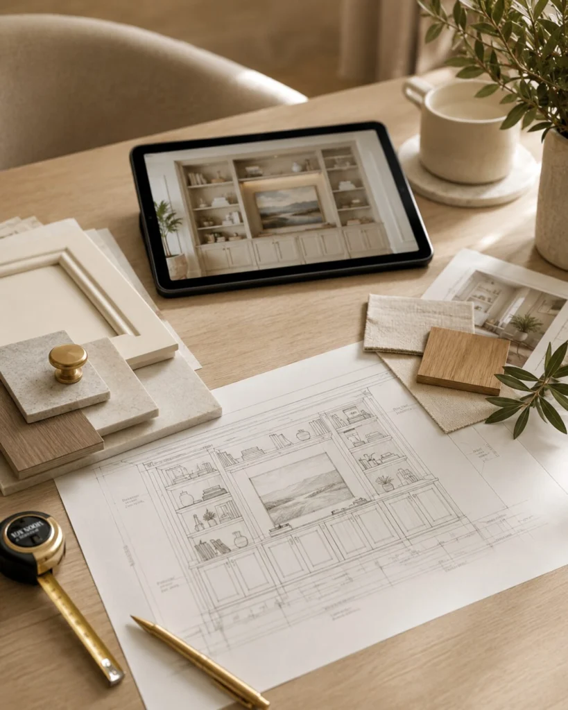 Custom built-in cabinetry planning with room measurements, cabinetry drawings, inspiration images, material samples, and digital design visualization.
