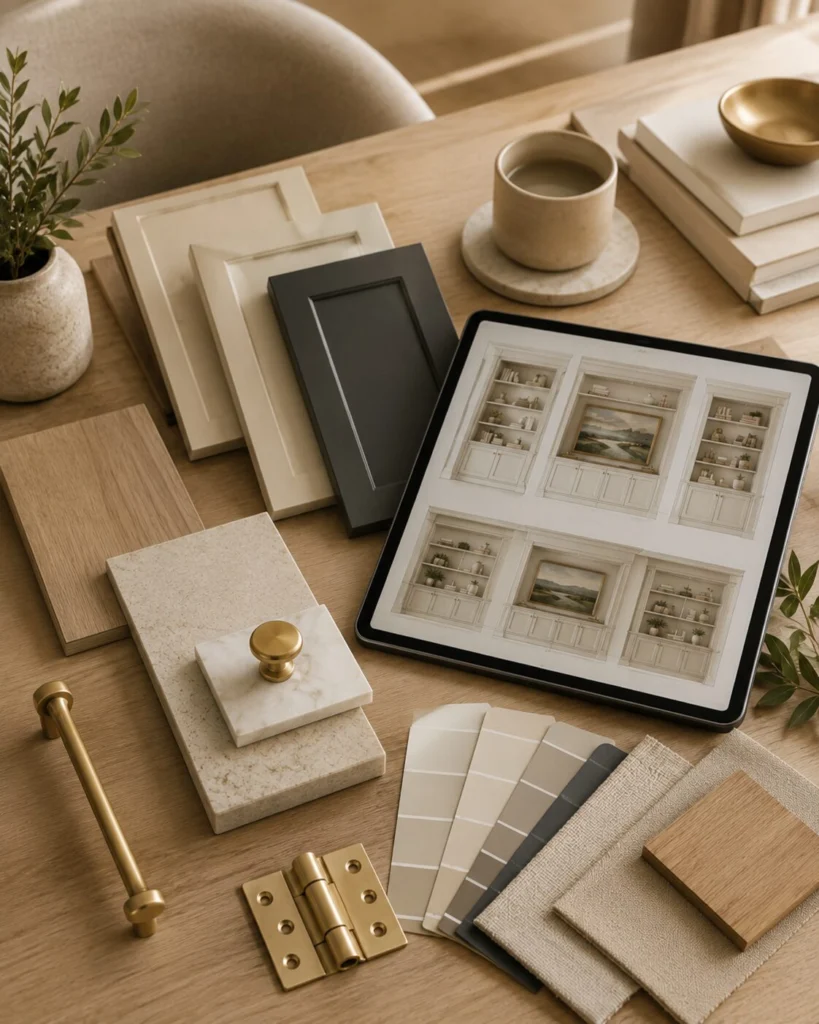 Selection of custom built-in cabinetry layouts, cabinet door styles, wood finishes, paint colors, countertops, hardware, and material samples.