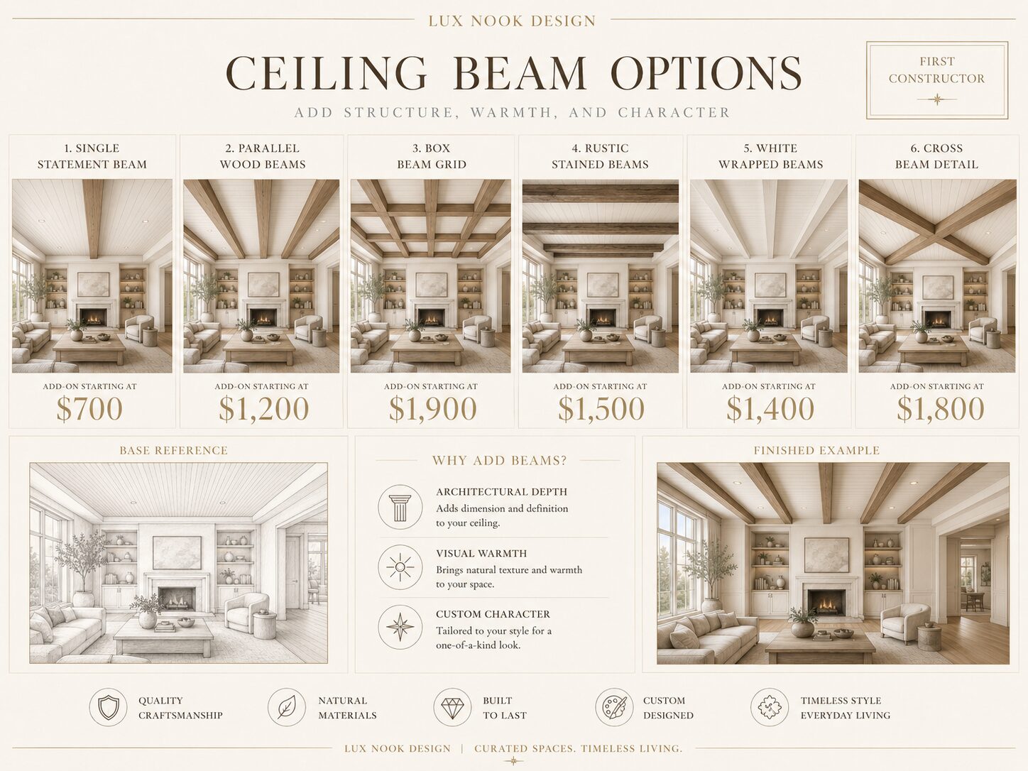 Custom Ceiling Beam Options in Florida | Lux Nook Design Custom ceiling beam options in Florida including single beams, parallel wood beams, box beam grids, rustic stained beams, wrapped beams, and cross beam details.