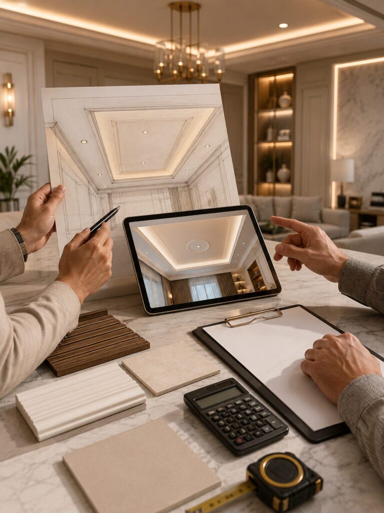 Custom Ceiling Planning and Design Consultation Custom ceiling design consultation with concept drawings, room visualization, measurements, material samples, and lighting ideas.