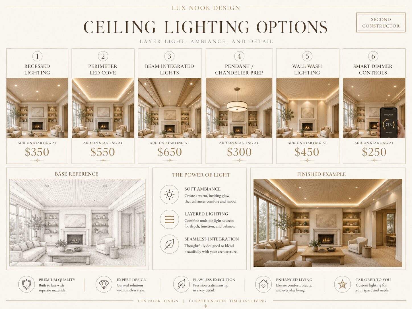 Custom Ceiling Lighting Options in Florida | Lux Nook Design Custom ceiling lighting options in Florida featuring recessed lighting, LED cove lighting, beam-integrated lights, pendant preparation, wall wash lighting, and smart dimmer controls.