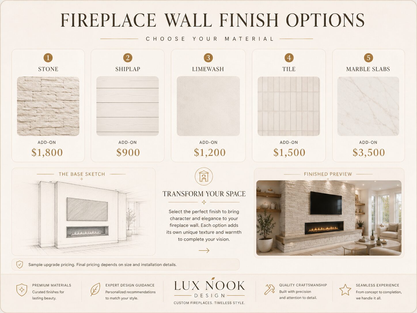 Custom Fireplace Wall Finish Options Fireplace wall finish options including stone, shiplap, limewash, tile, and marble slabs