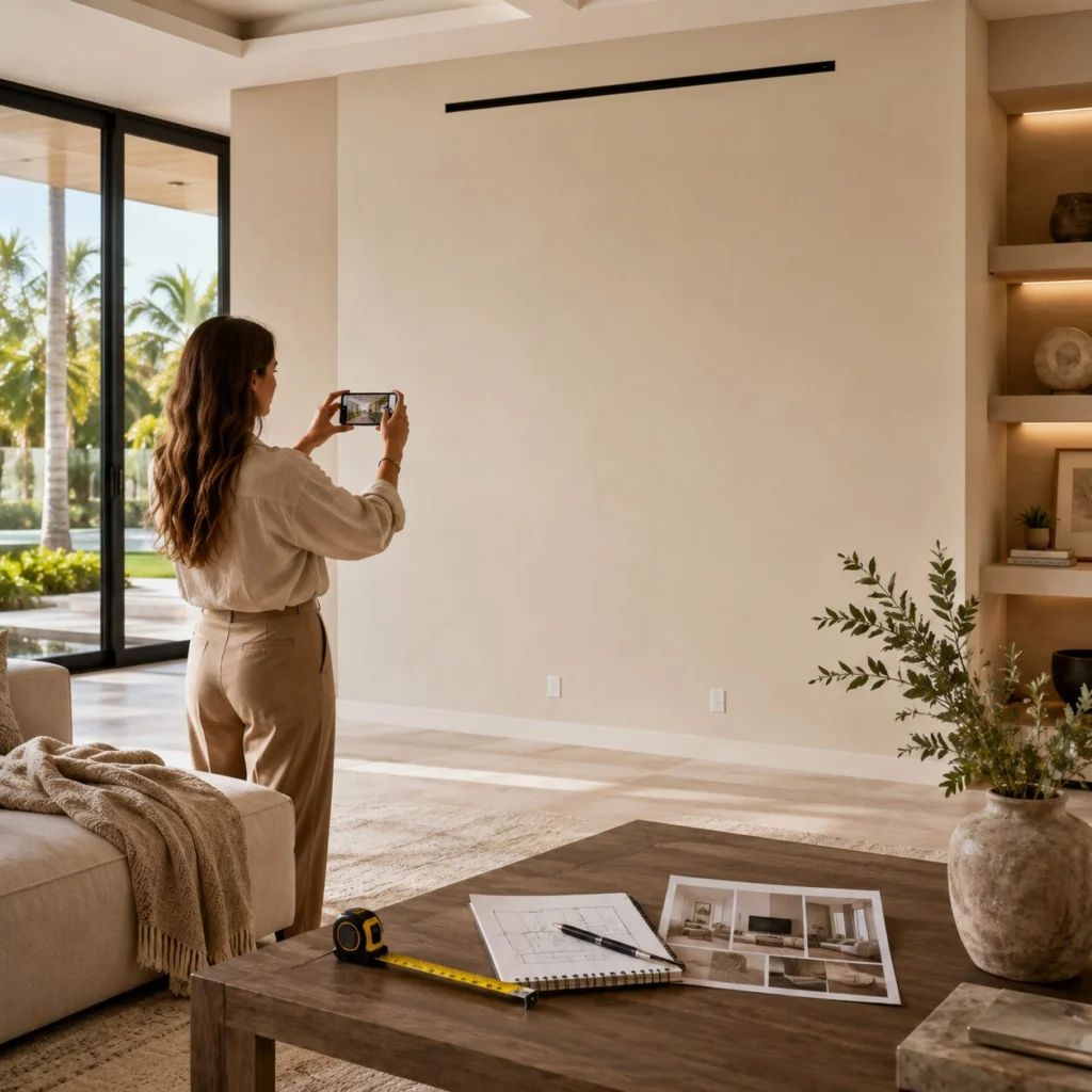Share Your Space for a Custom Fireplace Wall Design Homeowner taking a photo of a blank wall for a custom fireplace wall design consultation