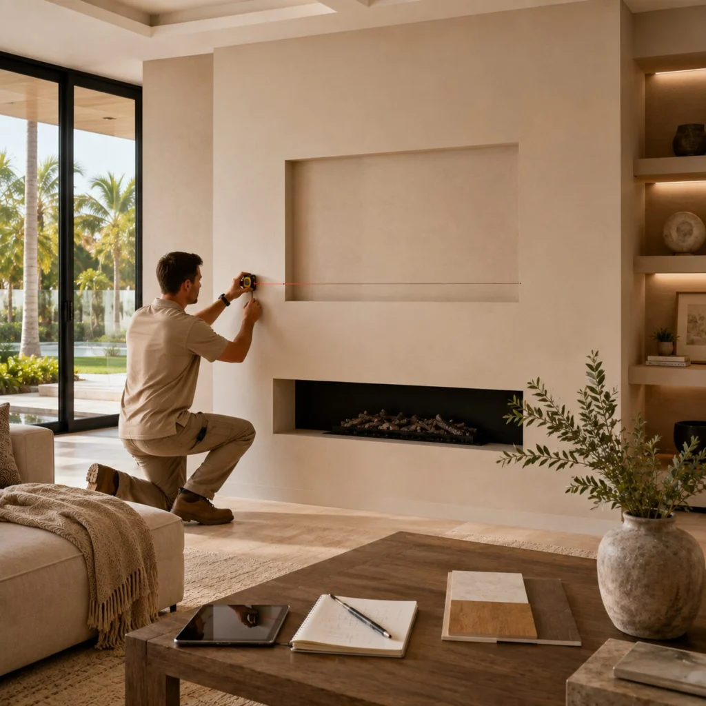 Completed Custom Fireplace Wall Installation Installed custom fireplace wall with TV, linear fireplace, and styled built-in shelves
