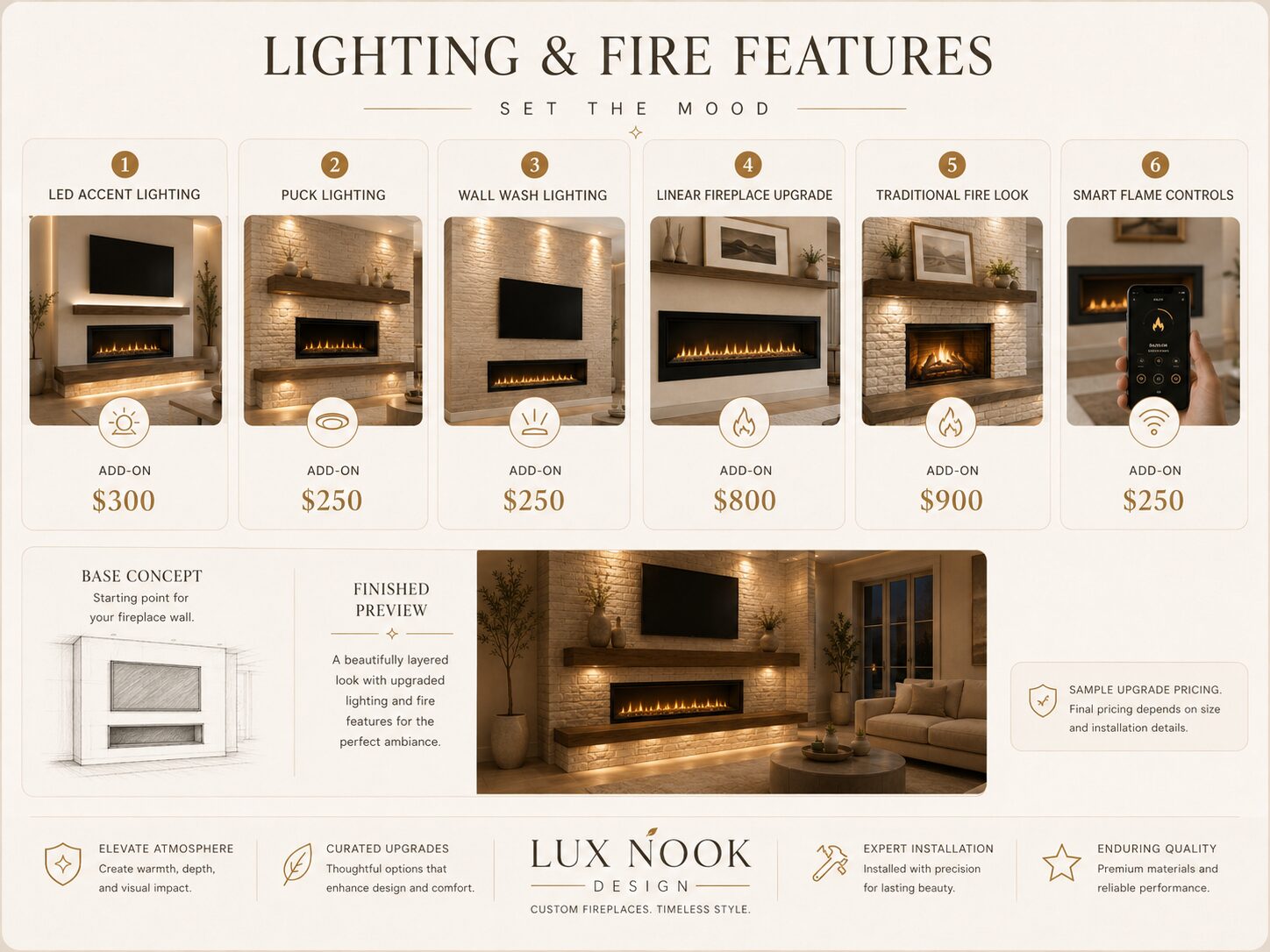 Fireplace Wall Lighting and Fire Features Custom fireplace wall lighting options with LED lights and upgraded fireplace features