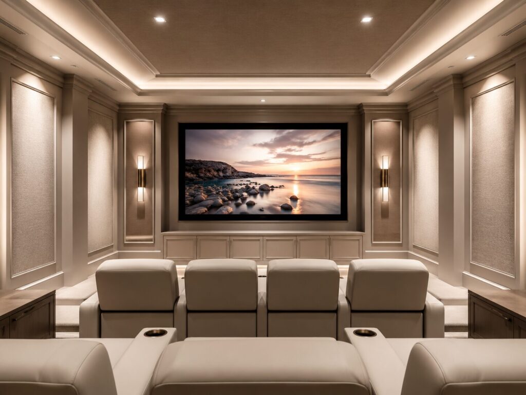 Custom home theater in Florida designed around room dimensions, screen placement, viewing distance, seating layout, and architectural details.