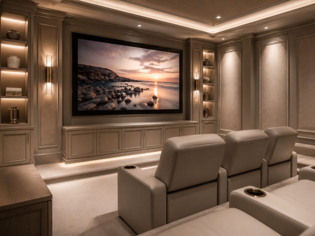 Immersive home theater room with tiered seating, acoustic wall treatments, layered lighting, large screen, and comfortable cinematic viewing.