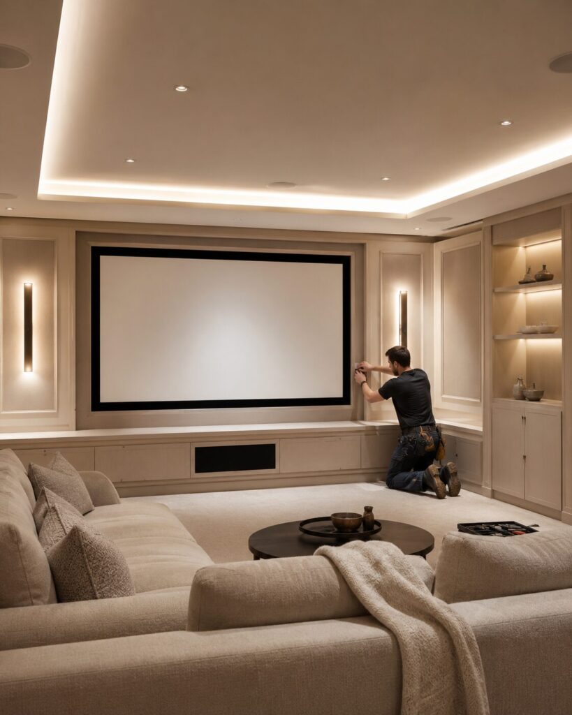 Professional custom home theater installation with screen wall setup, built-in cabinetry, lighting integration, and media room finishing details.