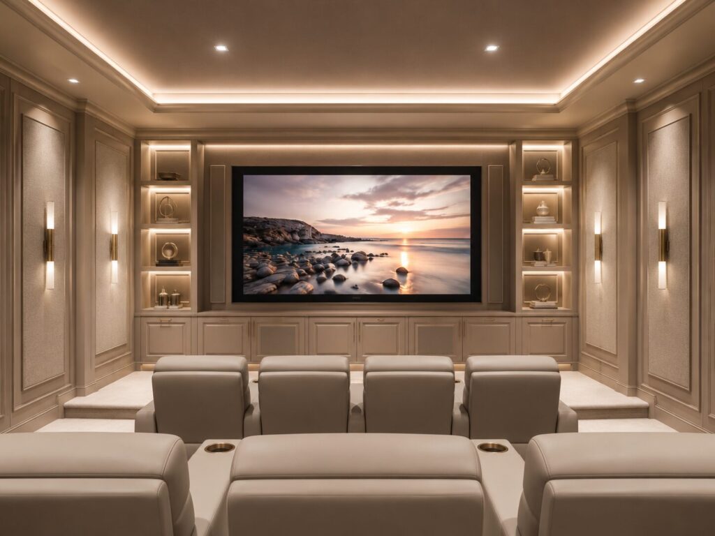 Integrated custom home theater featuring a screen wall, built-in cabinetry, display shelving, ambient lighting, and concealed media storage.