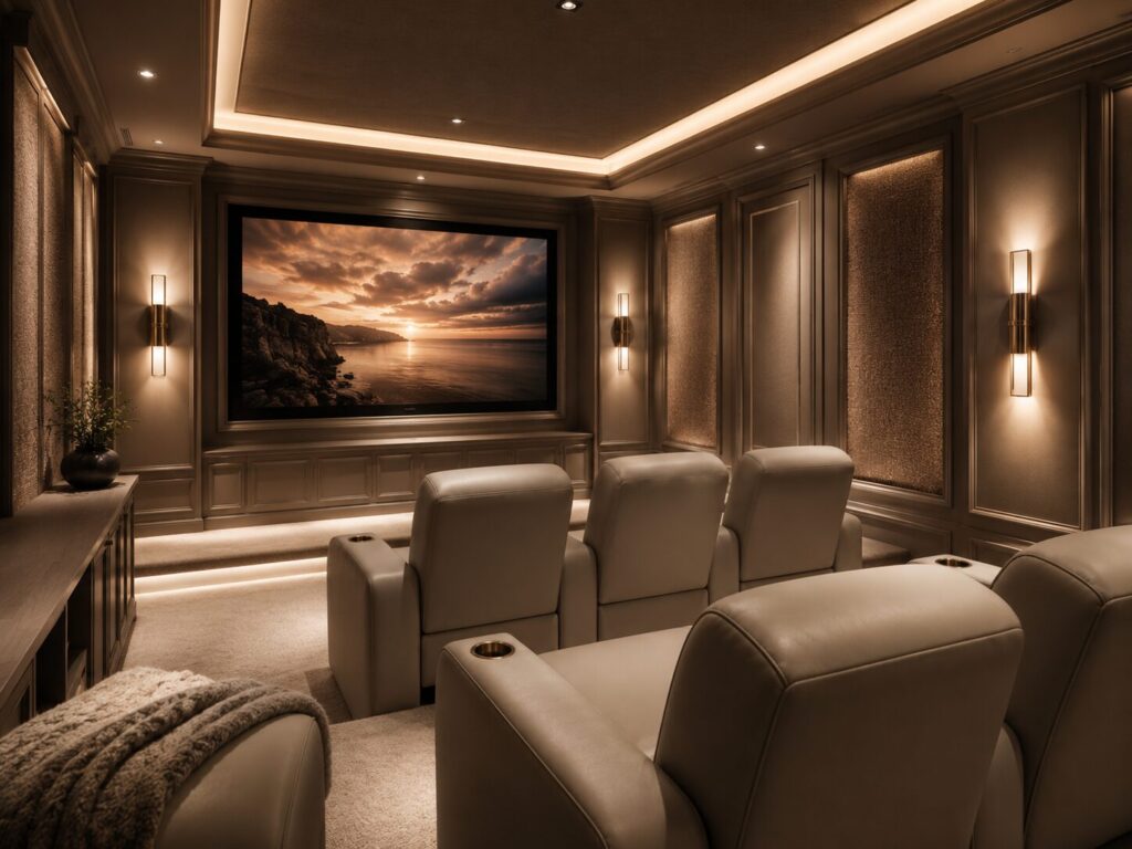 Luxury custom home theater with furniture-quality built-in cabinets, decorative wall panels, precise trim work, and a clean premium finish.