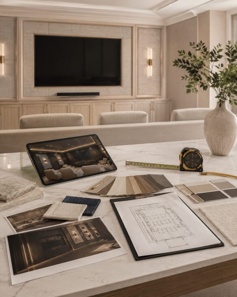 Custom home theater planning process with room photos, measurements, inspiration images, and layout ideas for a personalized media room design.