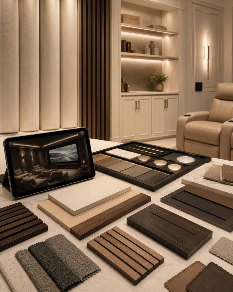 Custom home theater design presentation with selected materials, room concept, project details, and estimate planning for a luxury media room.