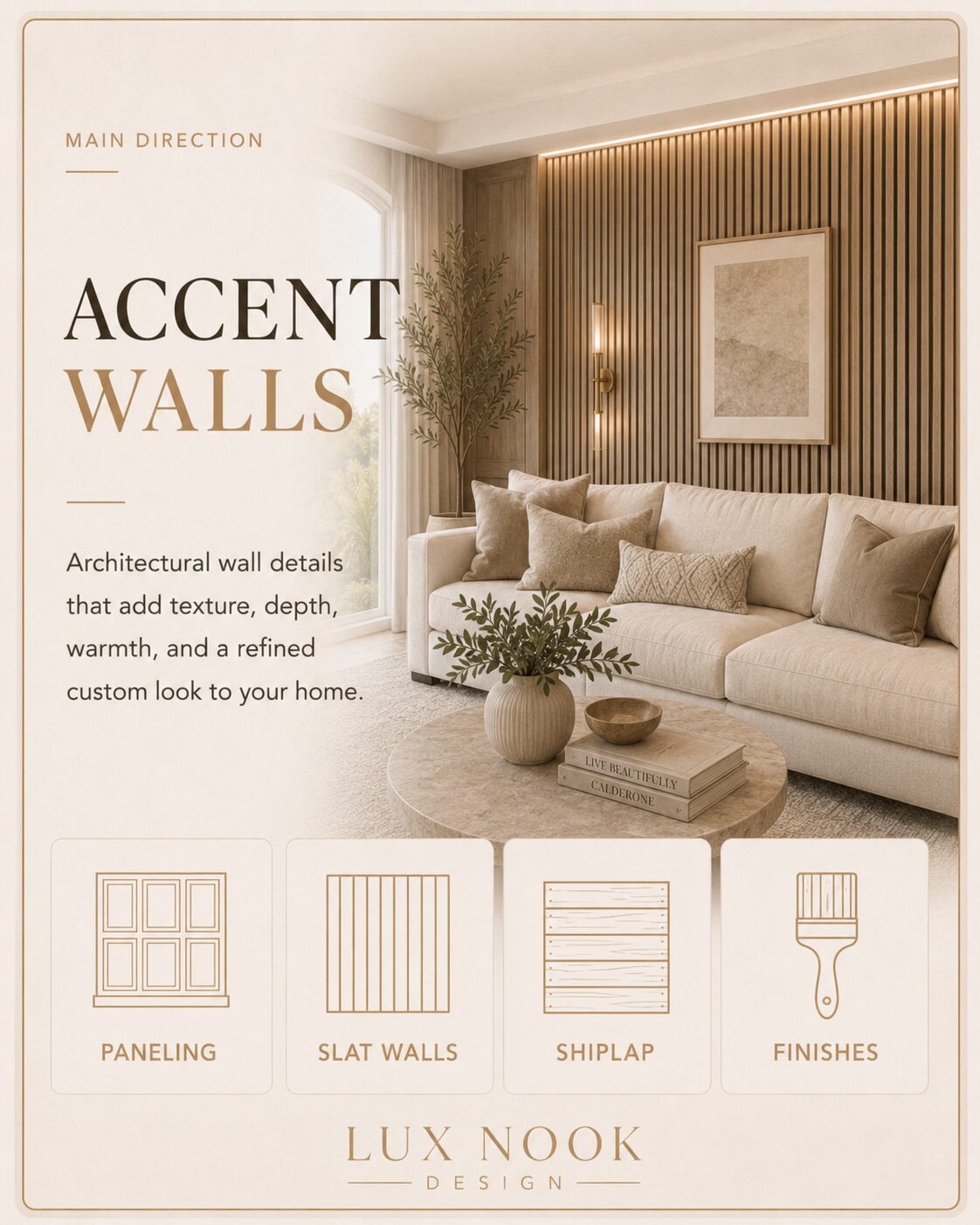 Custom accent wall with wood slat paneling, warm lighting, and a neutral sofa in a luxury living room