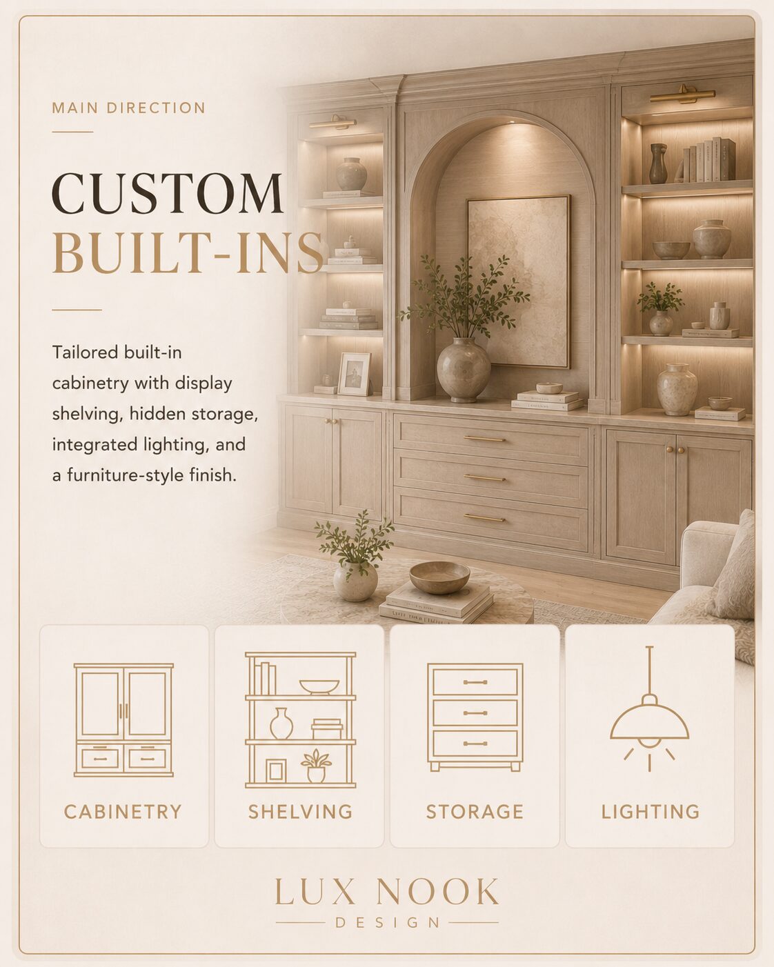 Custom built-in cabinetry with open shelving, hidden storage, decorative lighting, and furniture-style details