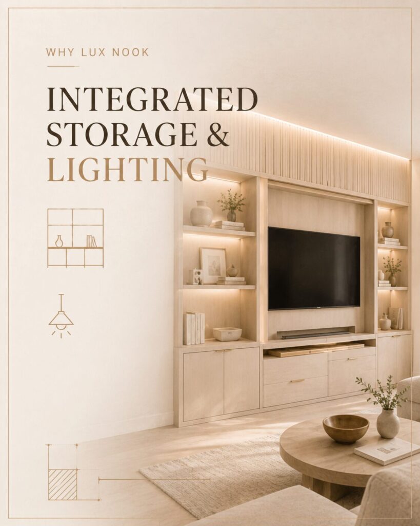 Custom built-in media wall with integrated shelving, cabinetry, ambient lighting, and hidden storage