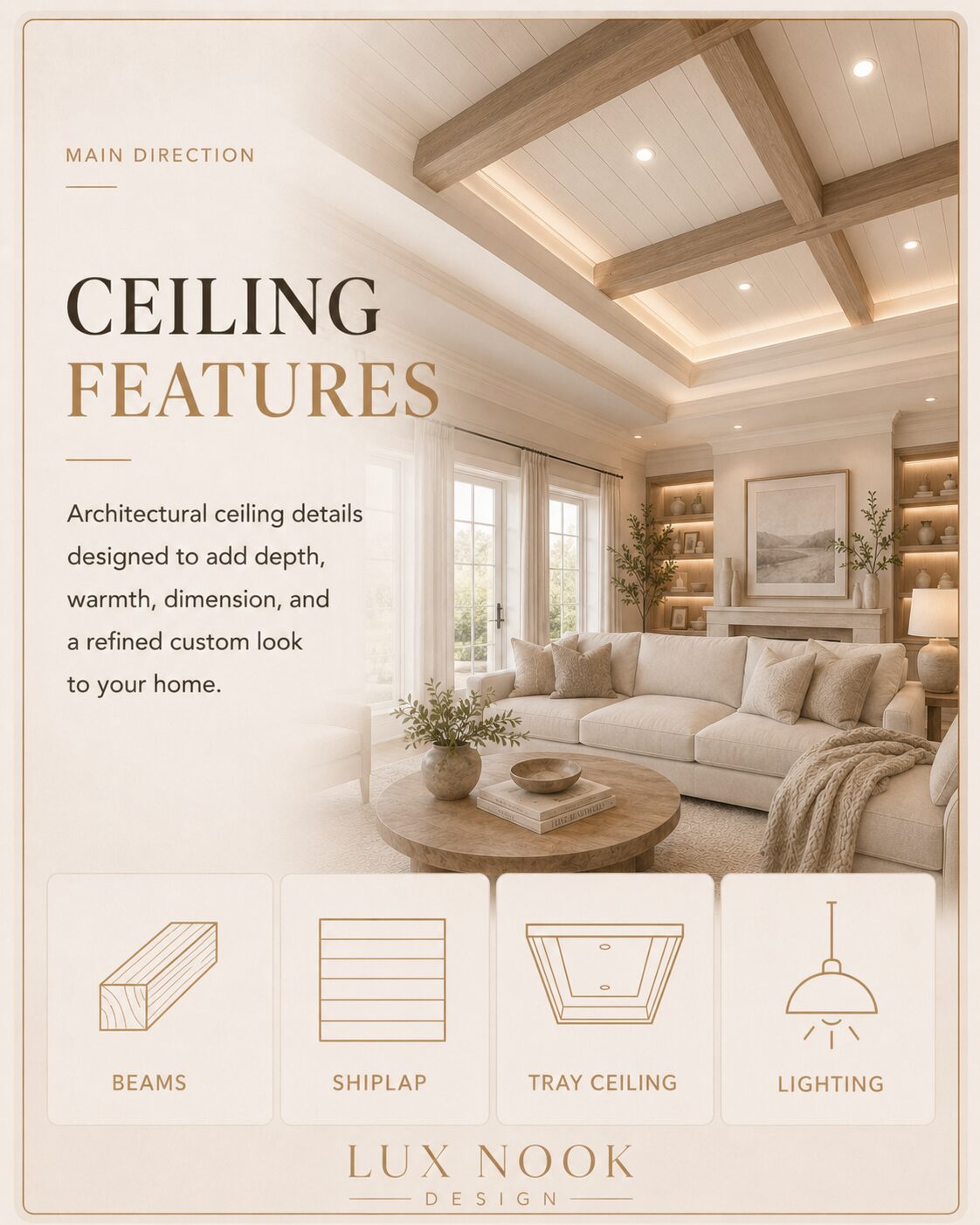 Custom ceiling with wood beams, shiplap, tray ceiling details, recessed lights, and warm cove lighting