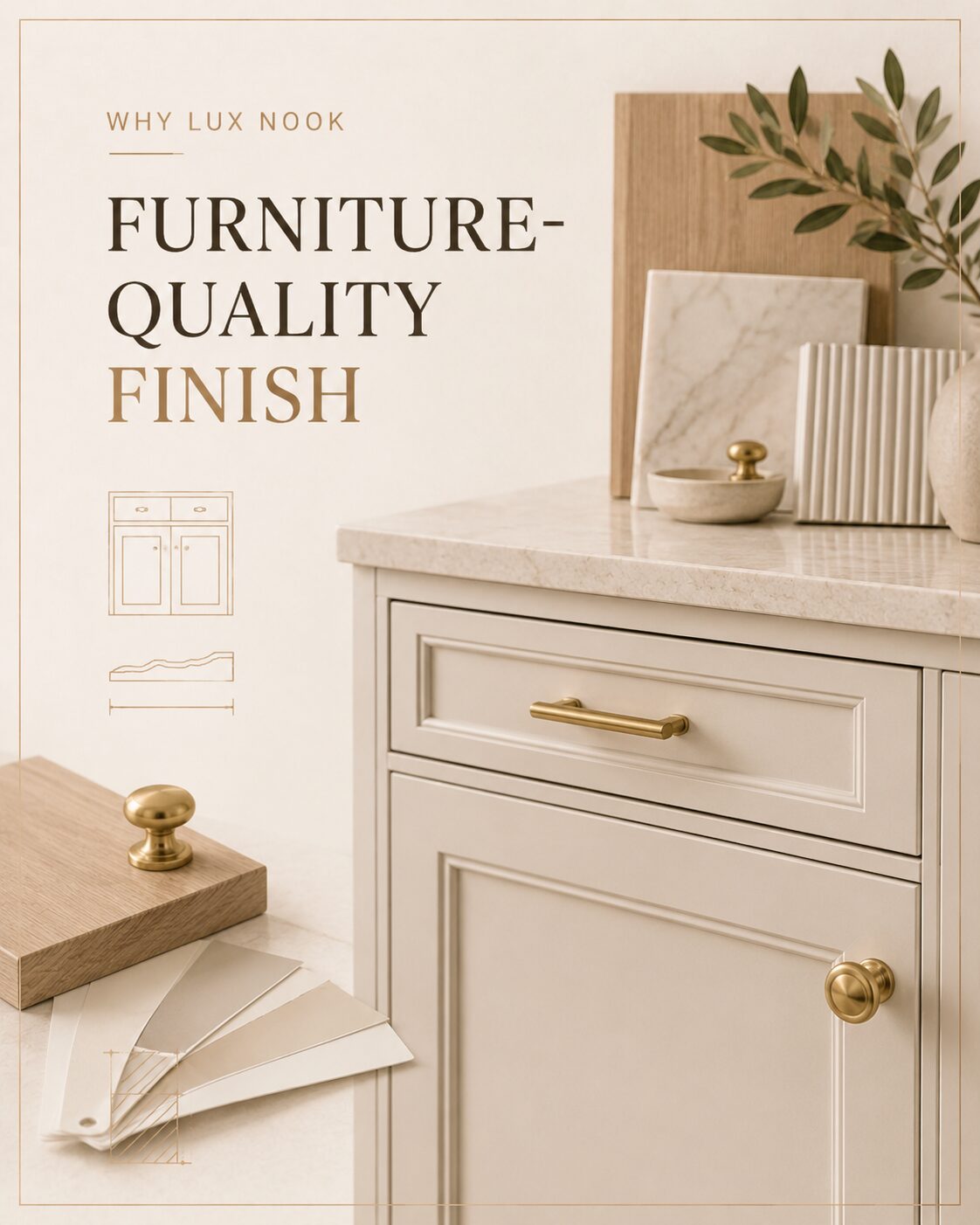 Close-up of custom cabinetry with premium painted finish, brass hardware, and stone countertop detail