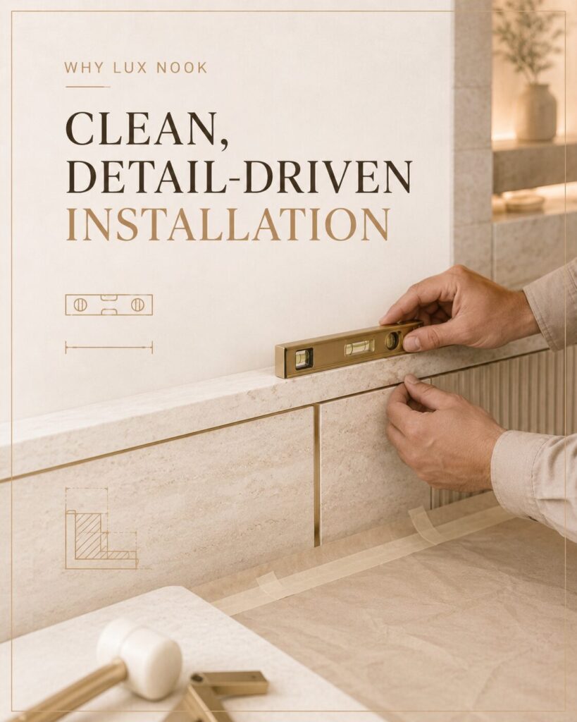 Close-up of precise custom installation with level tool, stone finish, and detail-focused craftsmanship