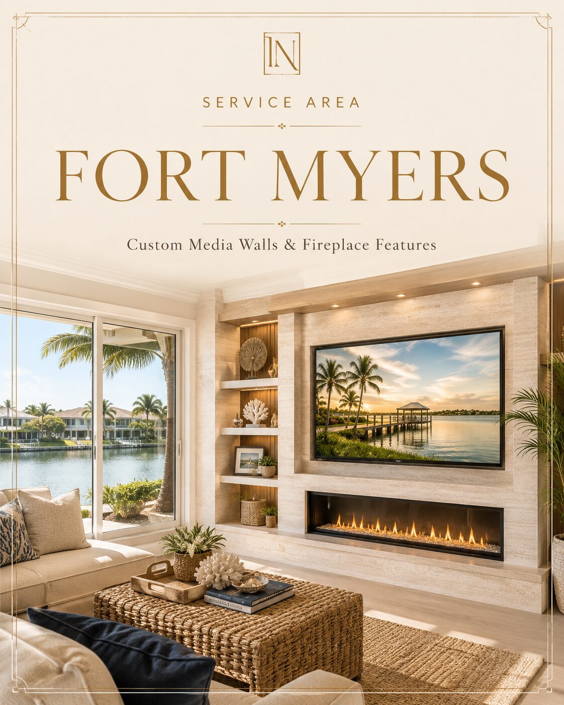 Coastal custom fireplace media wall with built-in shelving in a Fort Myers home