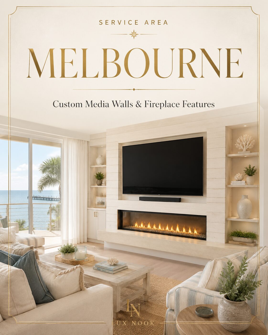 Custom coastal media wall with fireplace and built-in shelving in a Melbourne Florida home