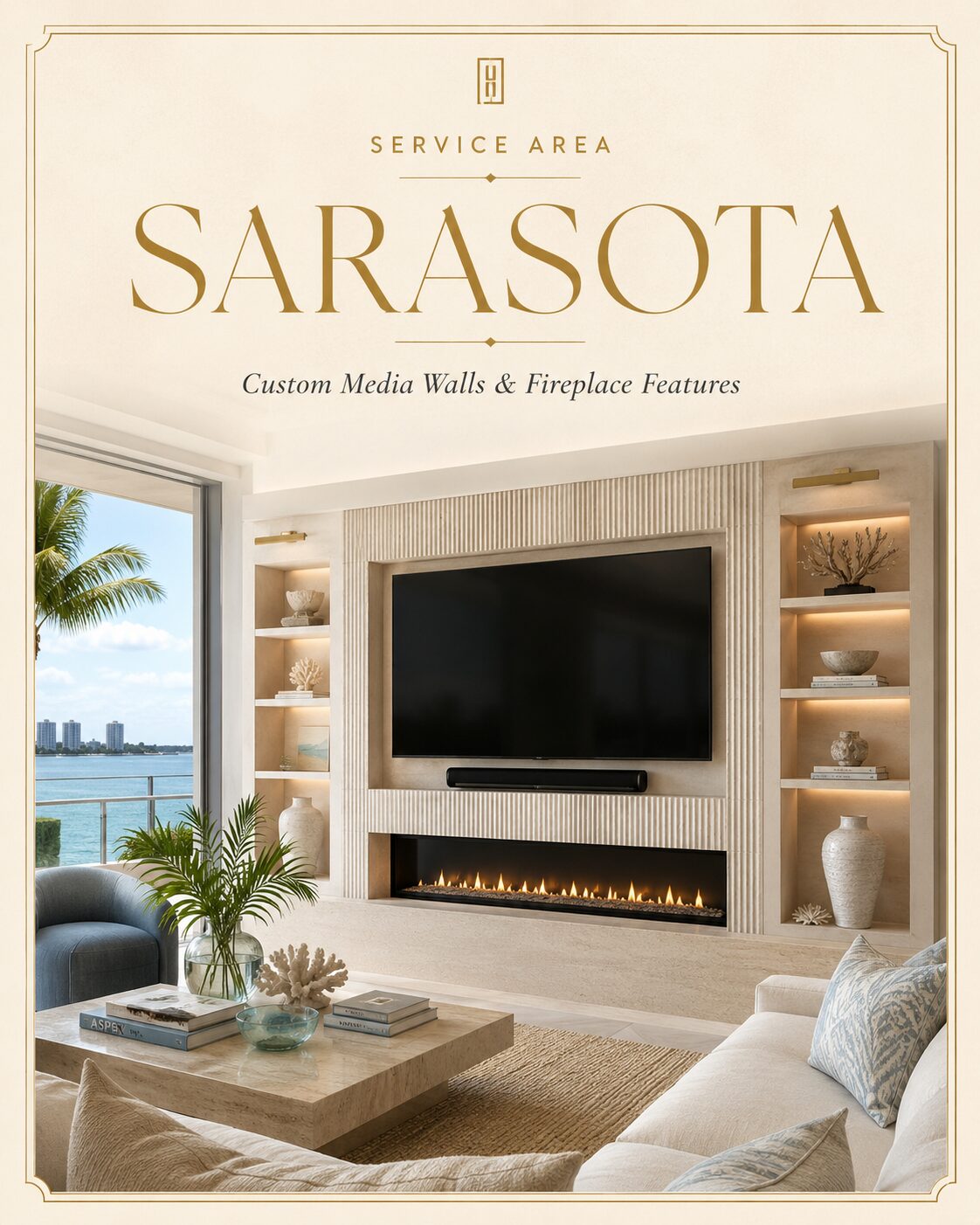 Coastal custom media wall with fireplace and built-in shelves in a Sarasota home